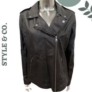 Style & Co Faux Leather Moto Jacket Black Zip Front Vegan Leather Medium.-